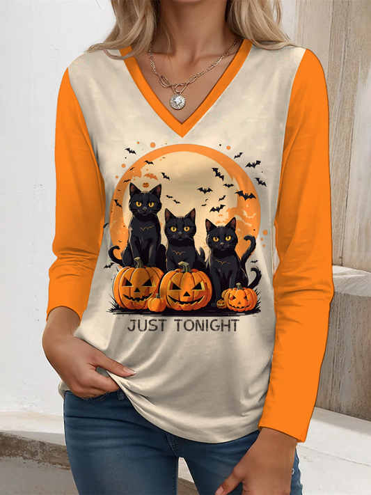 Women's Halloween Pumpkin Cat Long Sleeve Printed Top