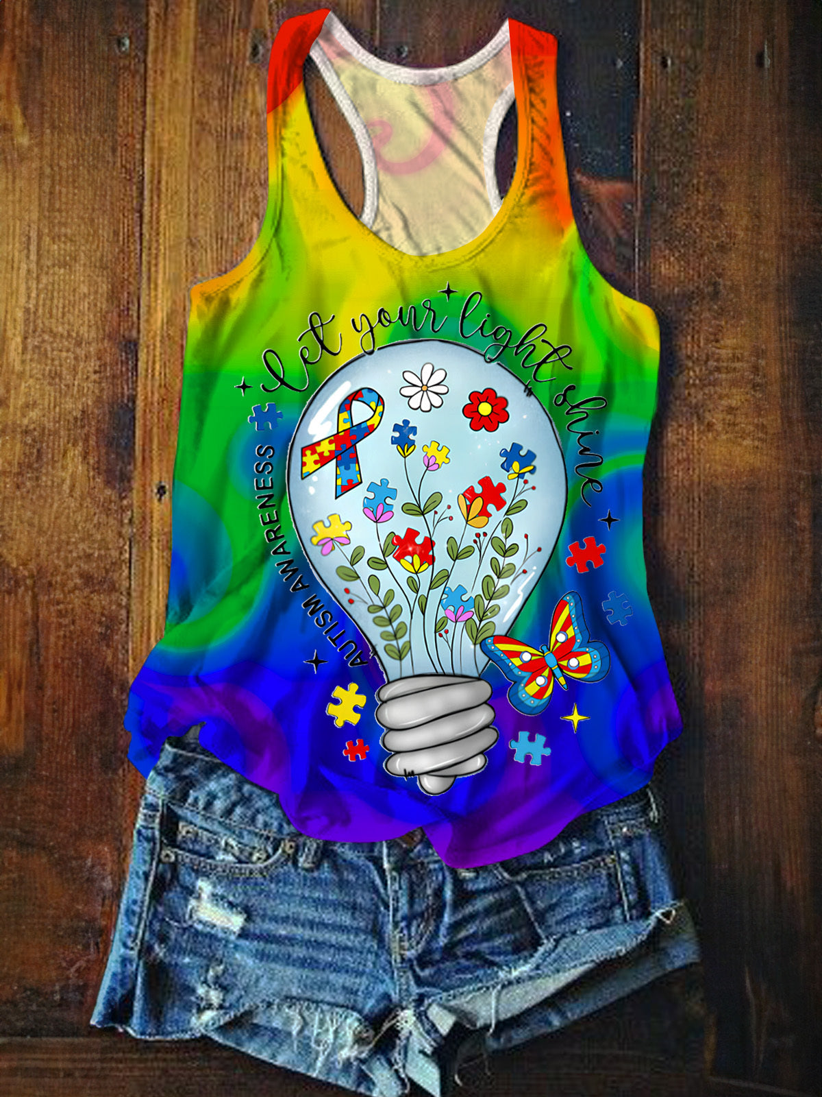 Let Your Light Shine Autism Awareness Printed Casual Tank Top