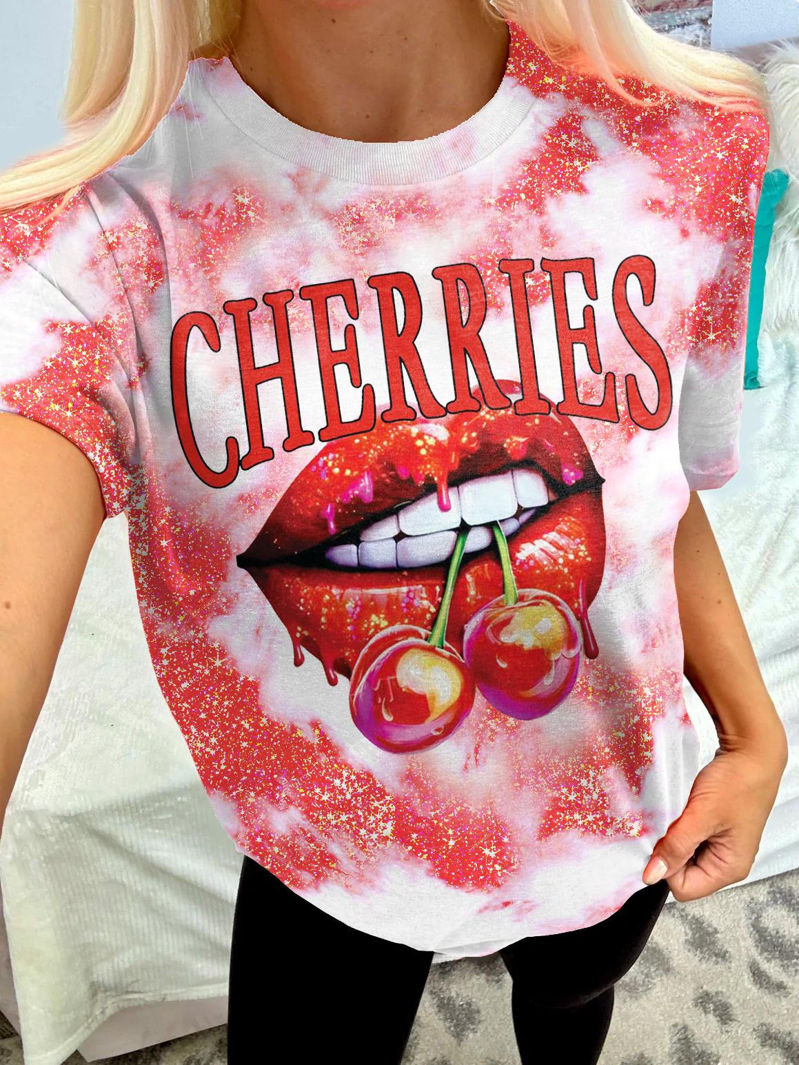 Cherry Red Lip Print Crew Neck T-shirt