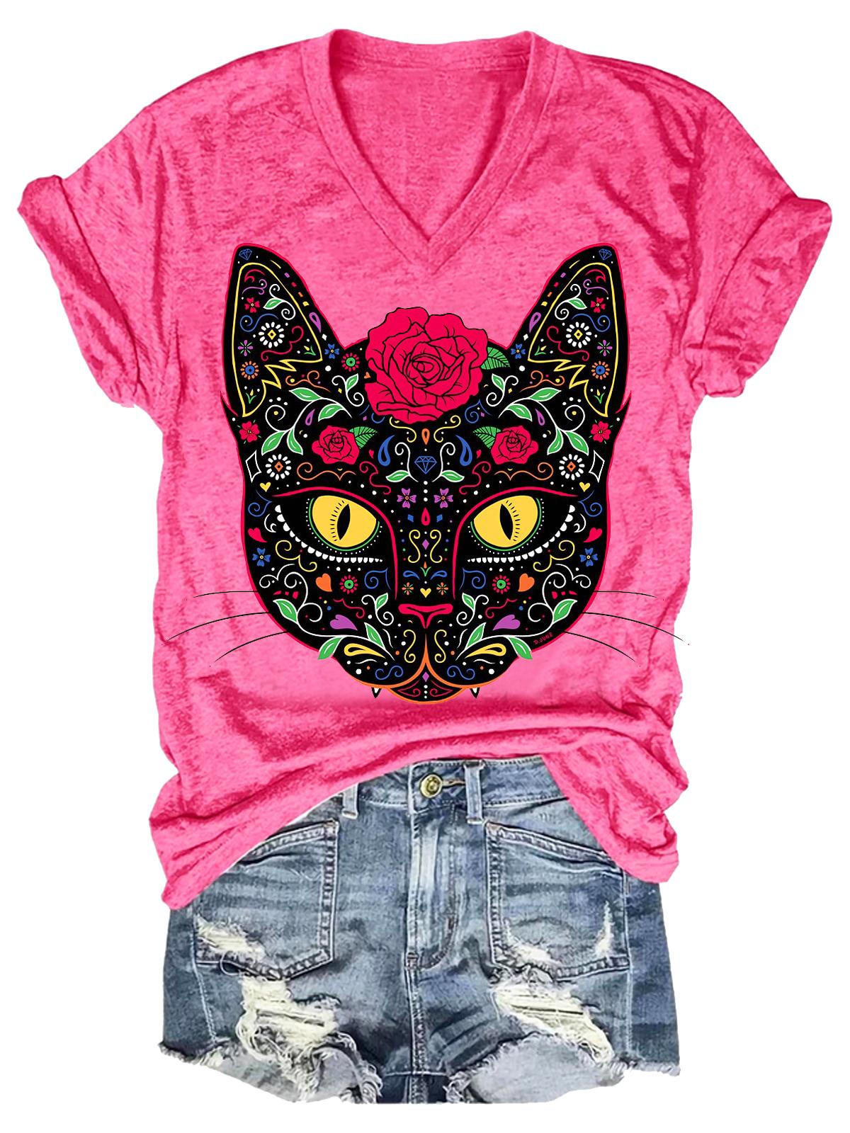 Day of the Dead Kitty Cat Sugar Skull Print T-Shirt