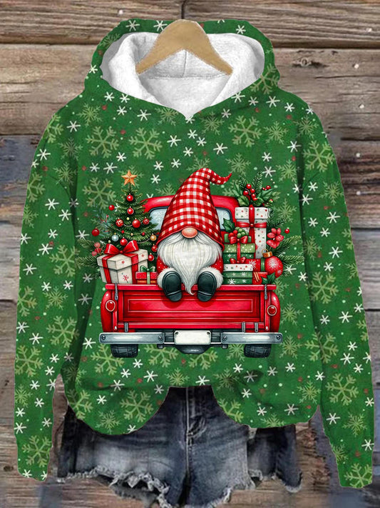 Christmas Gnome And Car Long Sleeve Printed Hoodie