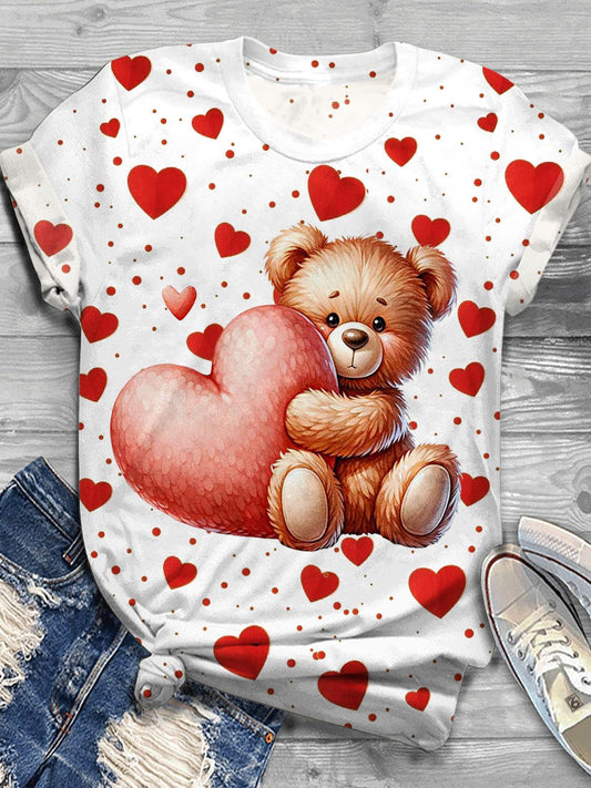 Cute Valentine's Day Care Bear Print Crew Neck T-shirt