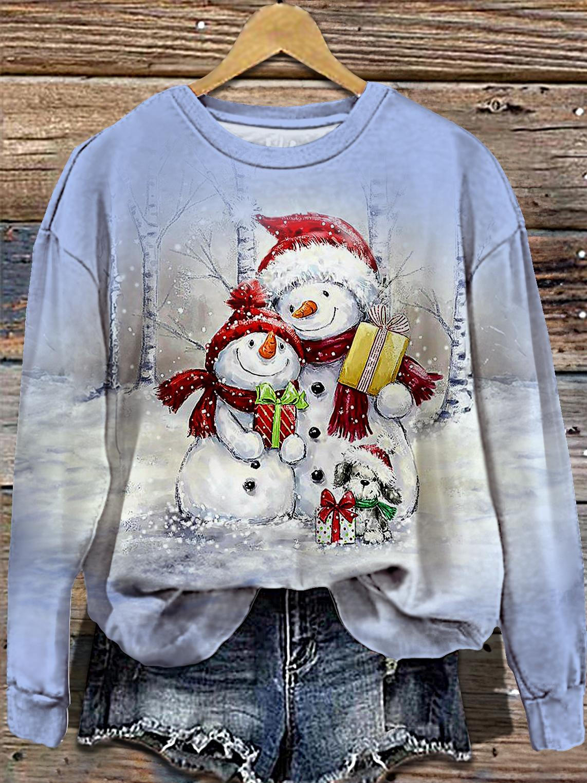 Women's Winter Scarf Snowman Print Round Neck Long Sleeve Top