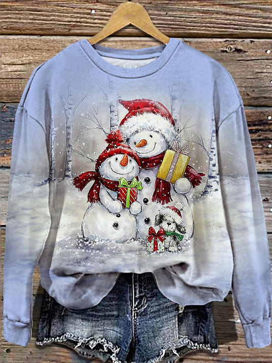 Women's Winter Scarf Snowman Print Round Neck Long Sleeve Top