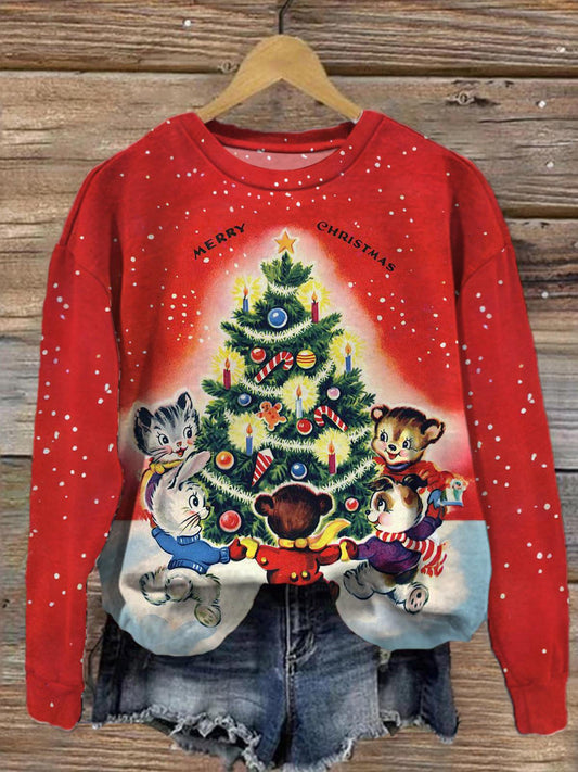 Christmas Retro Cat Printed Long Sleeve Casual Top