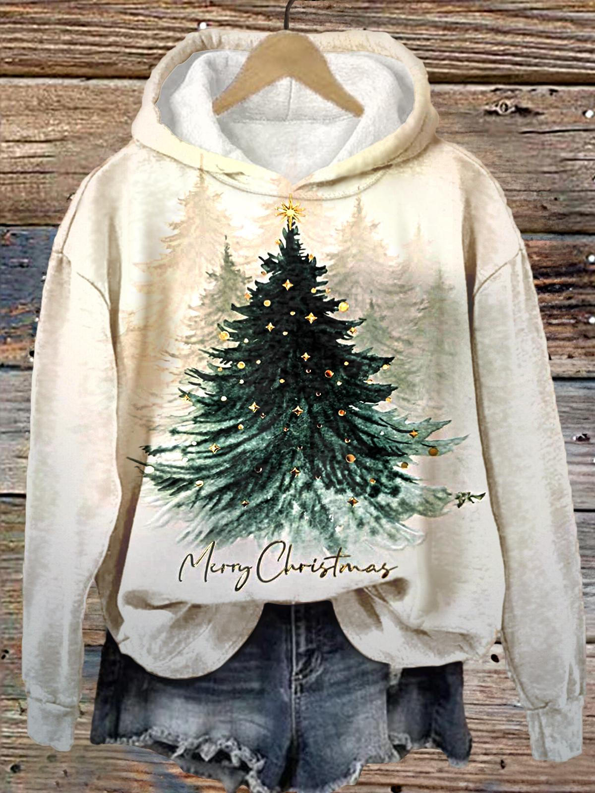 Women's Winter Christmas Tree Print Long Sleeve Printed Hoodie