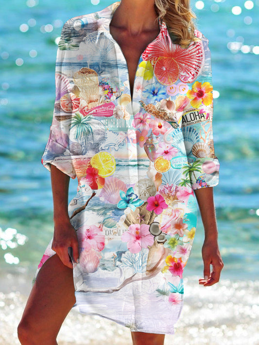 Beach Vacation Tropical Flowers Long Sleeve Beach Shirt Dress