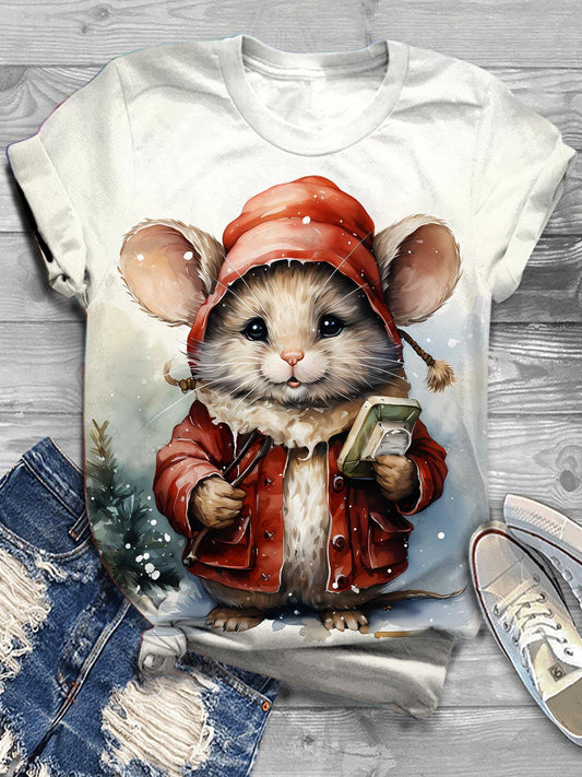 Women's Funny Christmas Mouse Print Short Sleeve T-Shirt