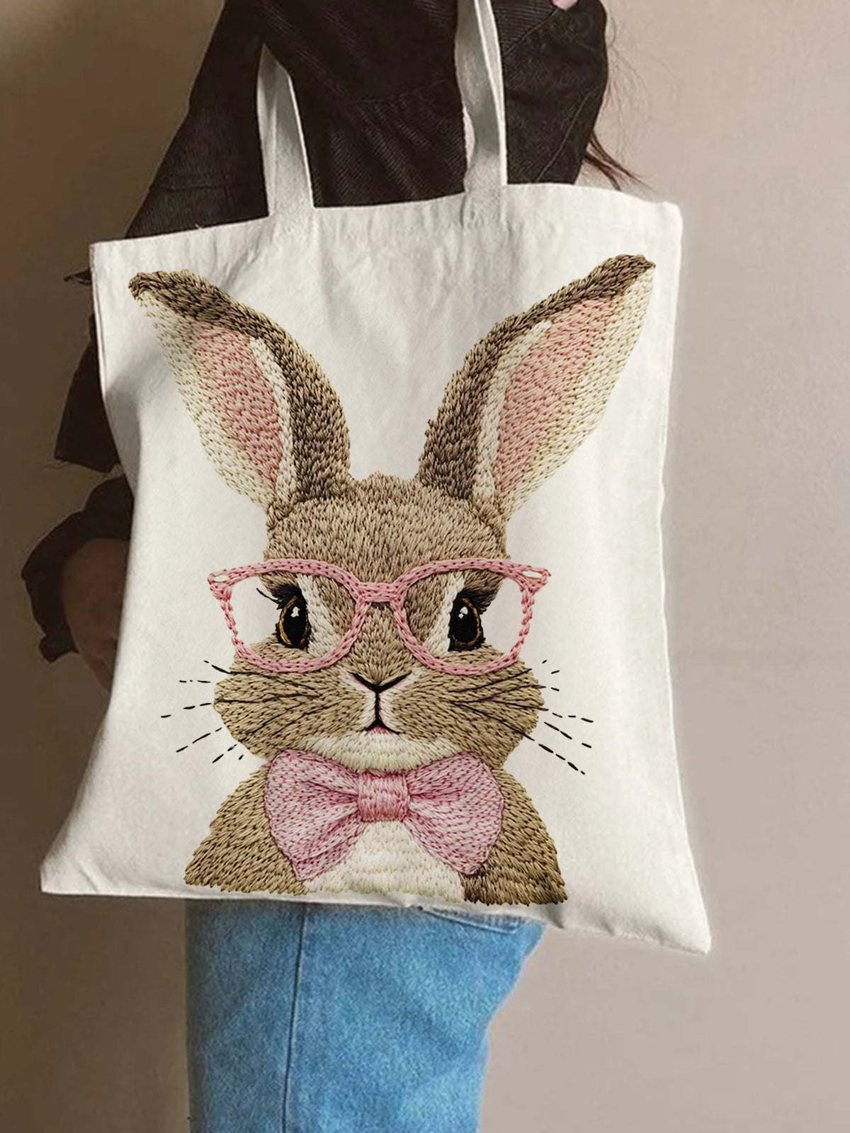 Vintage Easter Faux Embroidery Shopping Tote Bag