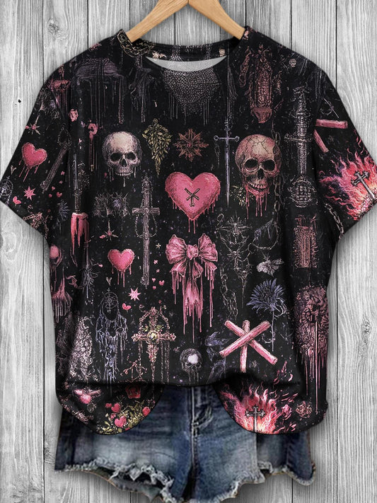 Women's Valentine's Day Punk Style Skull Retro Print Casual T-shirt