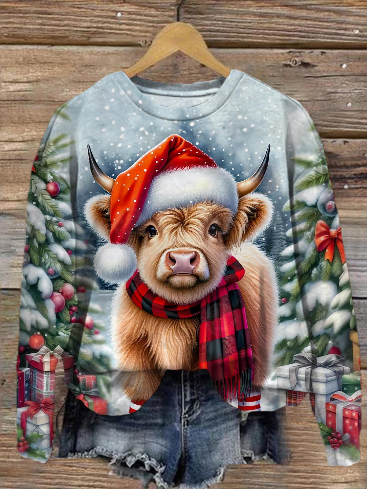 Highland Cow Christmas Printed Long Sleeve Casual Top