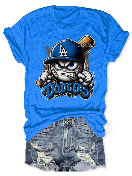 Retro Baseball Dodgers Printed Crew Neck T-shirt