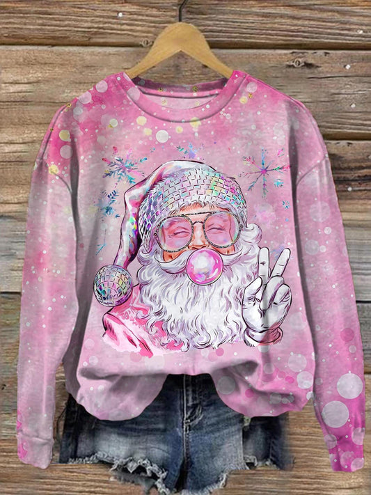 Santa Claus Blowing Bubbles Printed Long Sleeve Casual Top