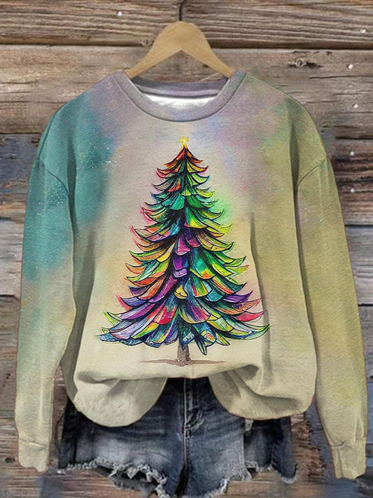 Women's Colorful Christmas Tree Round Neck Long Sleeve Top