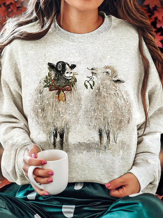 Women's Winter Christmas Sheep Print Crew Neck Casual Sweatshirt