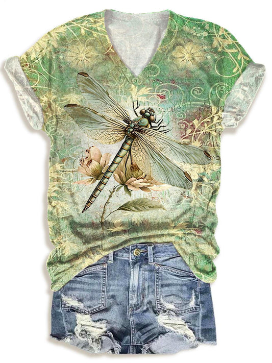 Spring Retro Dragonfly Print V-neck T-Shirt