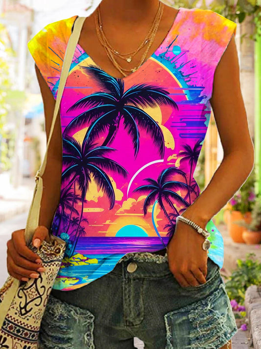 Palm Beach Vacations Printed V-neck Sleeveless Top