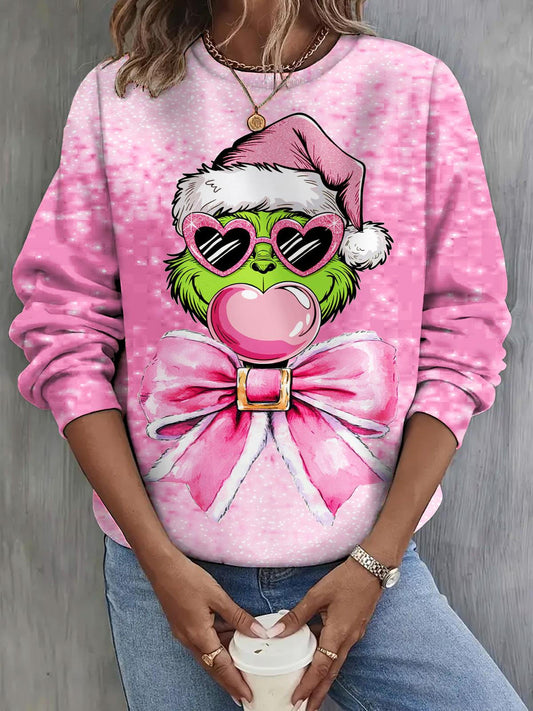 Women's Fan Christmas Character Bow Print Long Sleeve Top