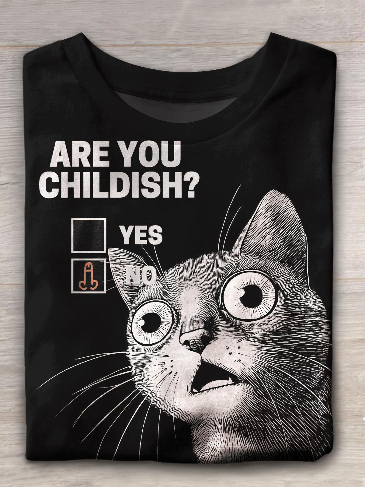 Are You Childish Yes Or No Surprised Cat Print Casual T-shirt