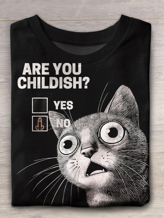 Are You Childish Yes Or No Surprised Cat Print Casual T-shirt