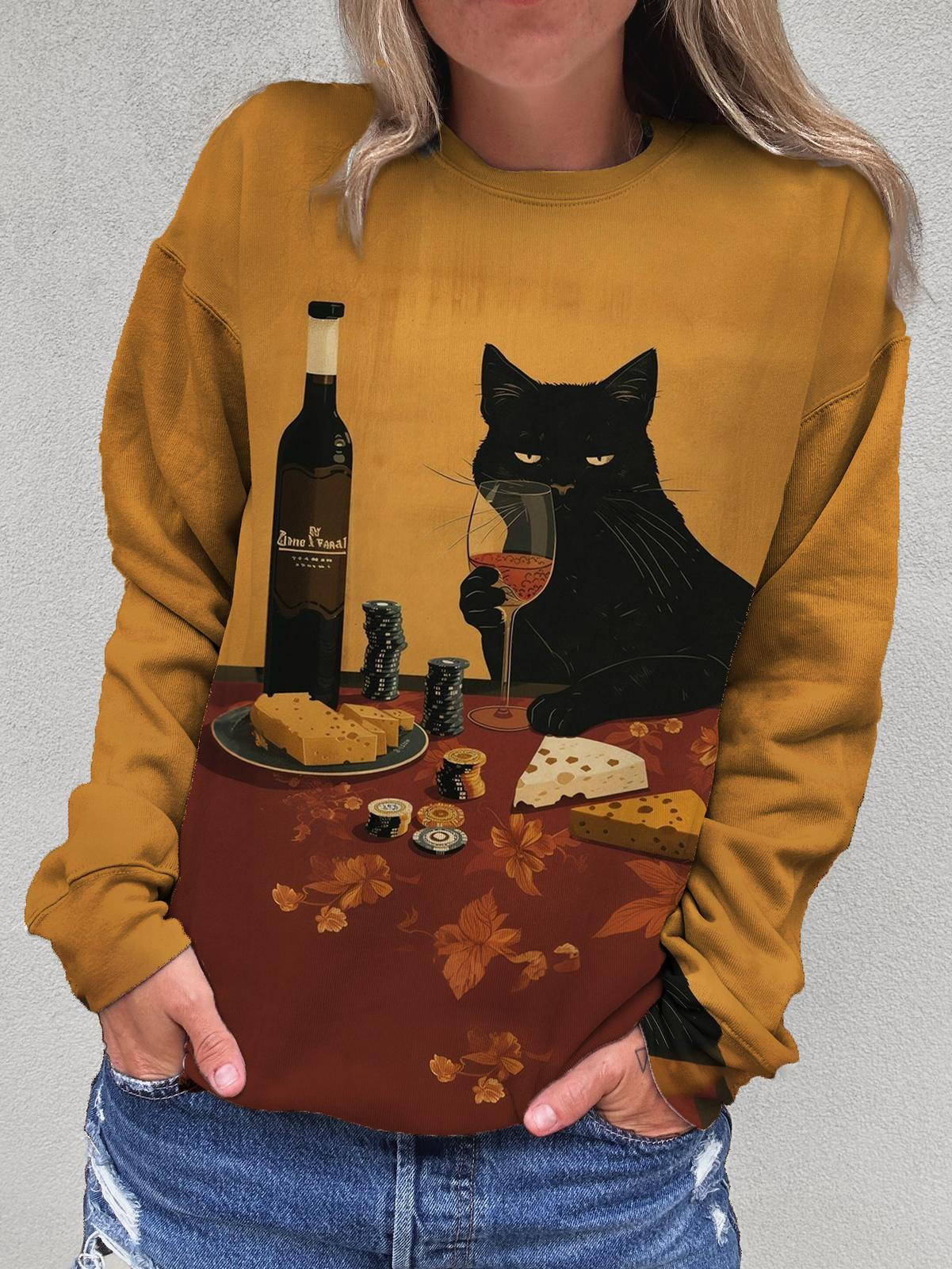 Women's Cool Cat Red Wine Retro Print Long Sleeve Top