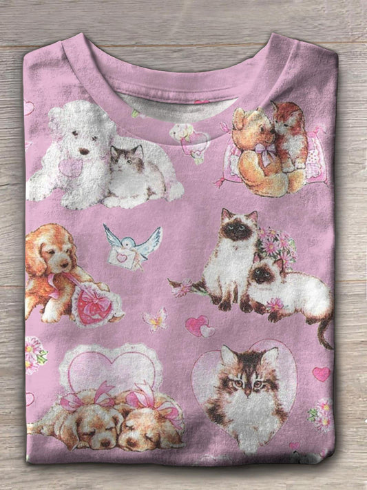 Women's Pink Valentine Animals Crew Neck T-shirt