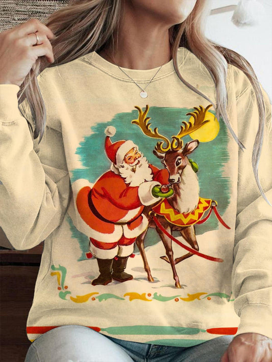 Women's Santa & Reindeer Crew Neck Casual Sweatshirt