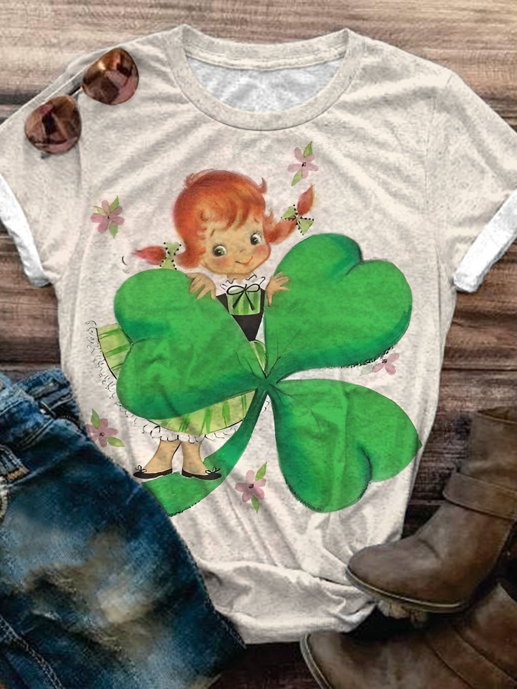 Vintage St. Patrick's Day Little Girl Print Crew Neck T-shirt