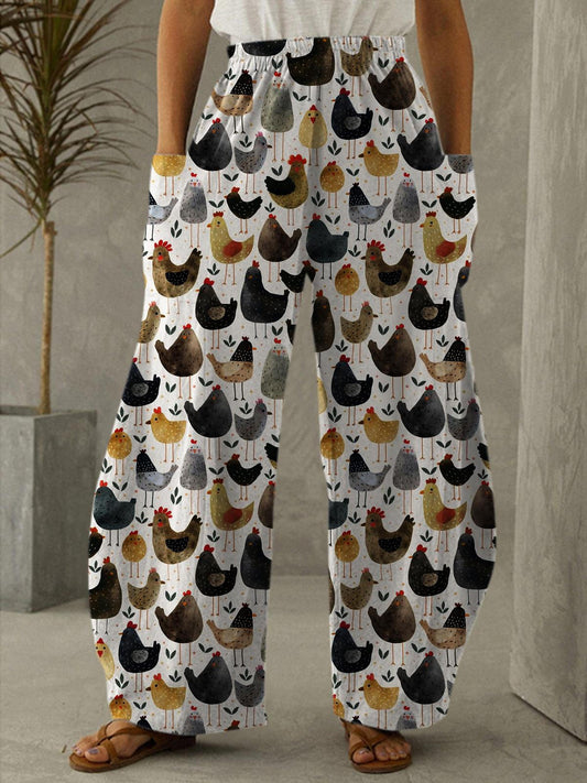 Women's Cute Chicken Fun Illustration Print Casual Loose Trousers