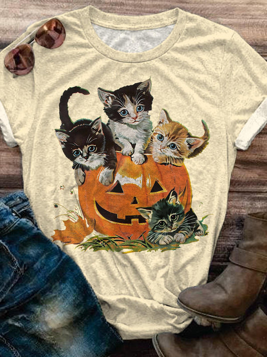 Vintage Pumpkin Cat Crew Neck T-shirt