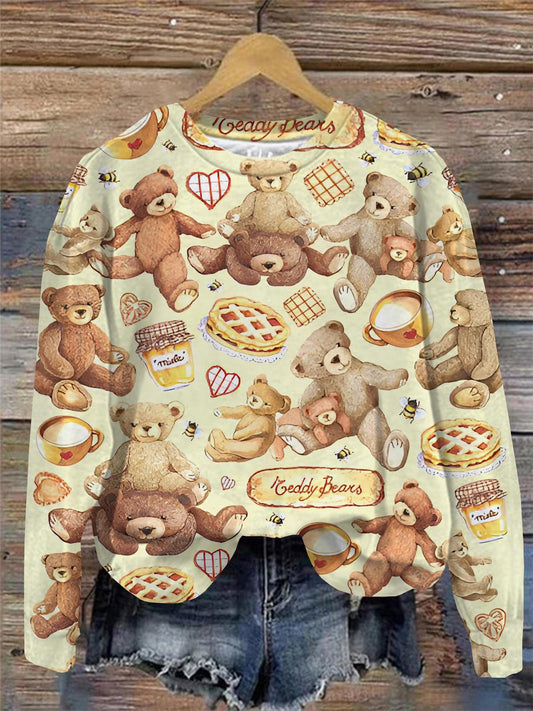 Women's Cute Bear Print Round Neck Long Sleeve Top