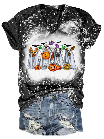 Trick Or Treat Ghost Puppies Tie Dye V-Neck T-Shirt