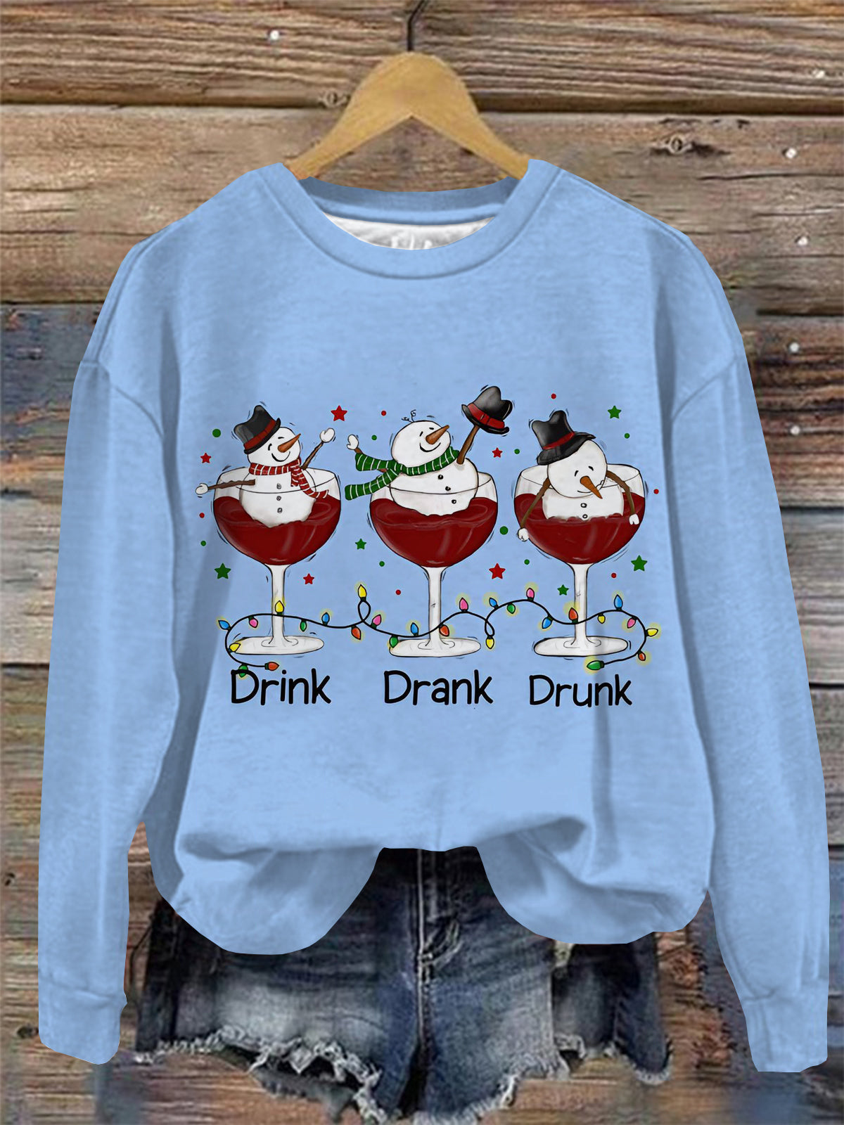Snowman Drink Drank Drunk Print Round Neck Long Sleeve Top