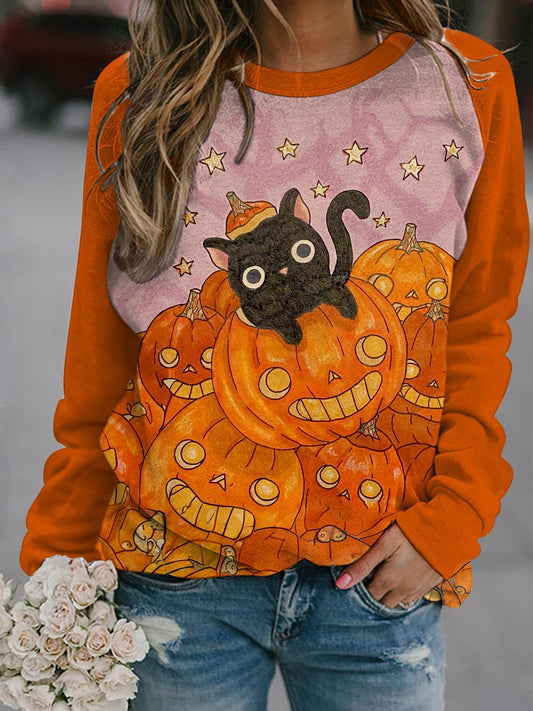 Halloween Cat And Funny Pumpkins Long Sleeve Casual Top