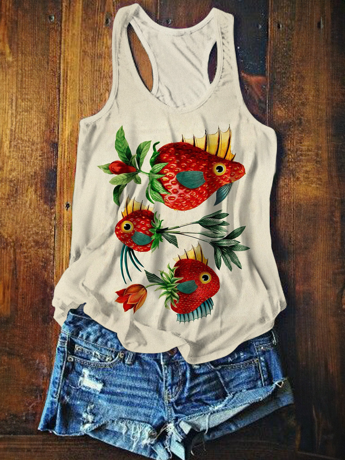 Artistic Creative Goldfish Strawberry Plant Vintage Print Vest