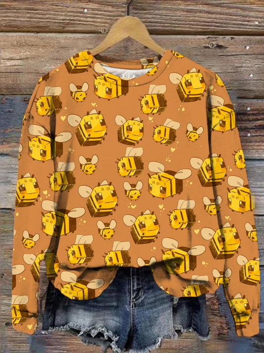 Women's Long Sleeve Top With Funny Bee Illustration Print