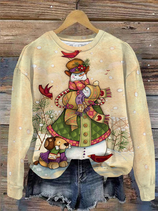 Snowman Print Round Neck Long Sleeve Top