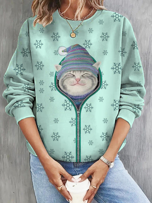 Women's Winter Cat Print Long Sleeve Casual Top