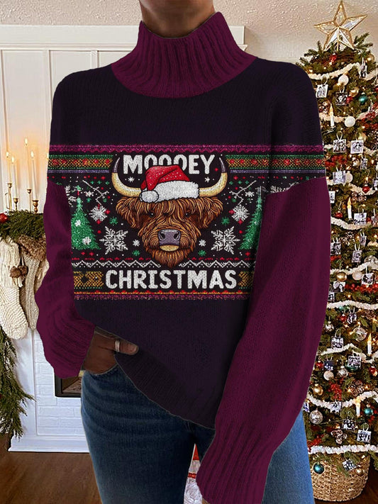 Women's Christmas Highland Cow Turtleneck Fleece Sweatshirt