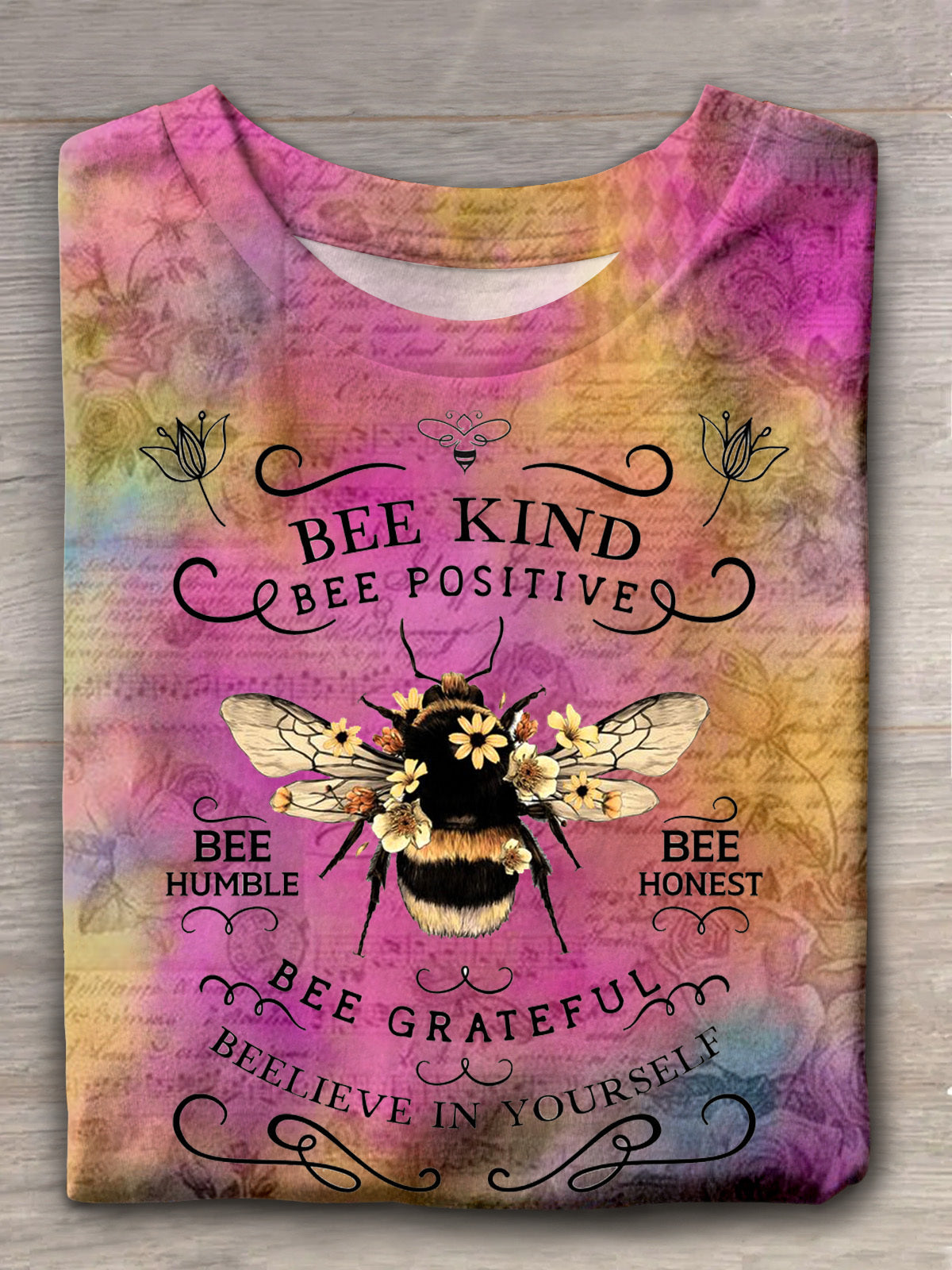 Bee Retro Colorful Print Crew Neck T-shirt