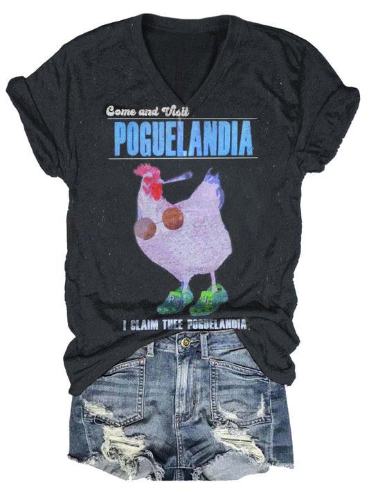 Poguelandia Fun Rooster Glasses Casual Holiday Print T-shirt