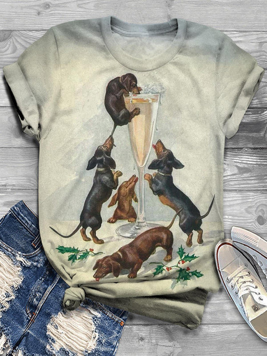 Carnival Champagne Celebration Dog Animal Retro Print Casual T-shirt