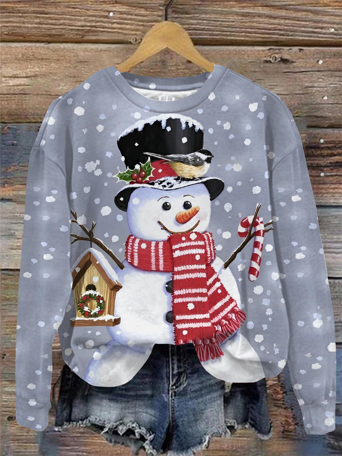 Snowman Print Round Neck Long Sleeve Top