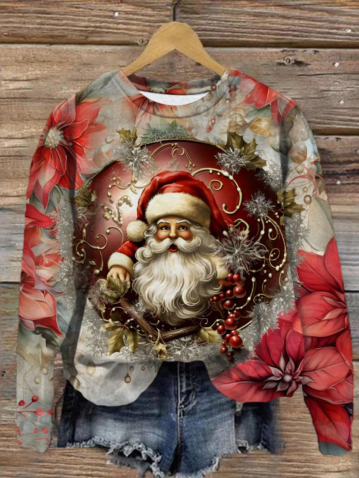 Women's Santa Claus Flowers Crew Neck Casual Sweatshirt