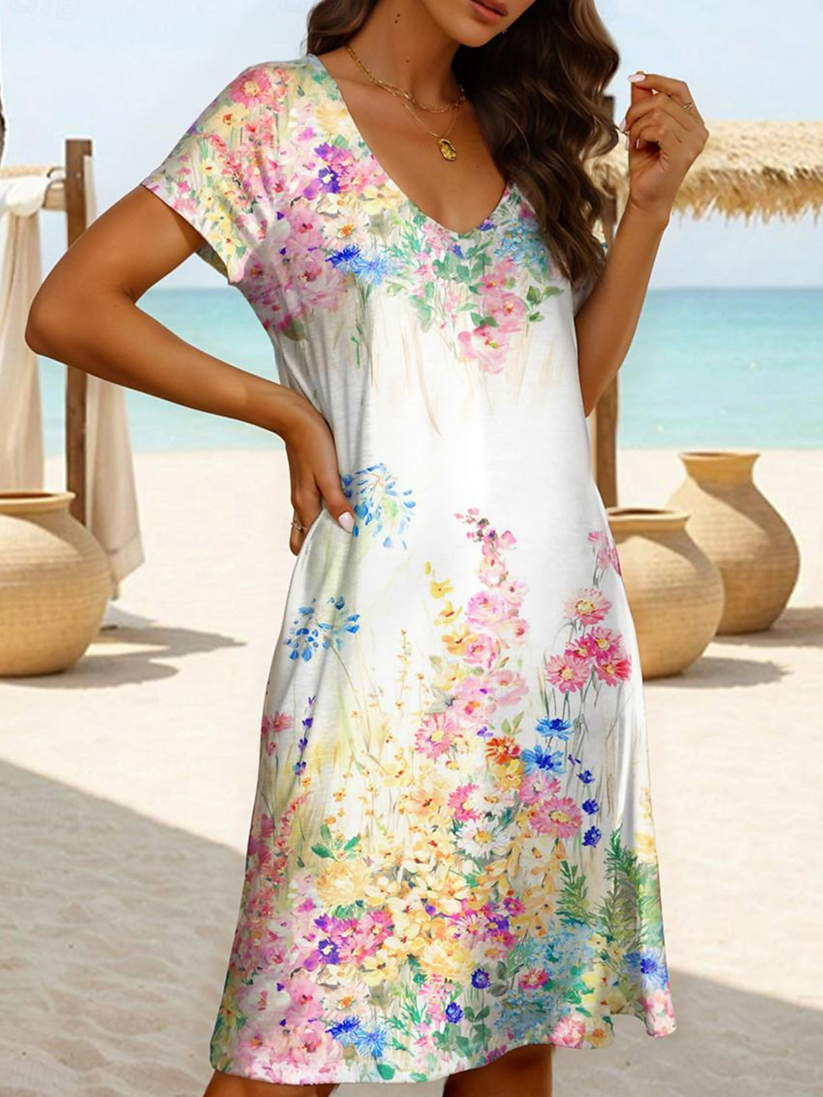 Simple Flowers V Neck Short Sleeve Dress