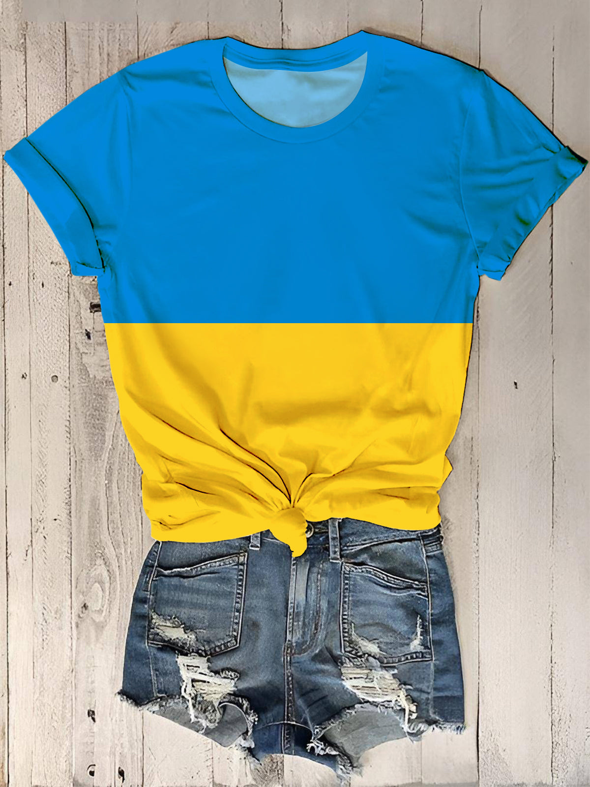 Blue Yellow Splicing Crew Neck T-shirt