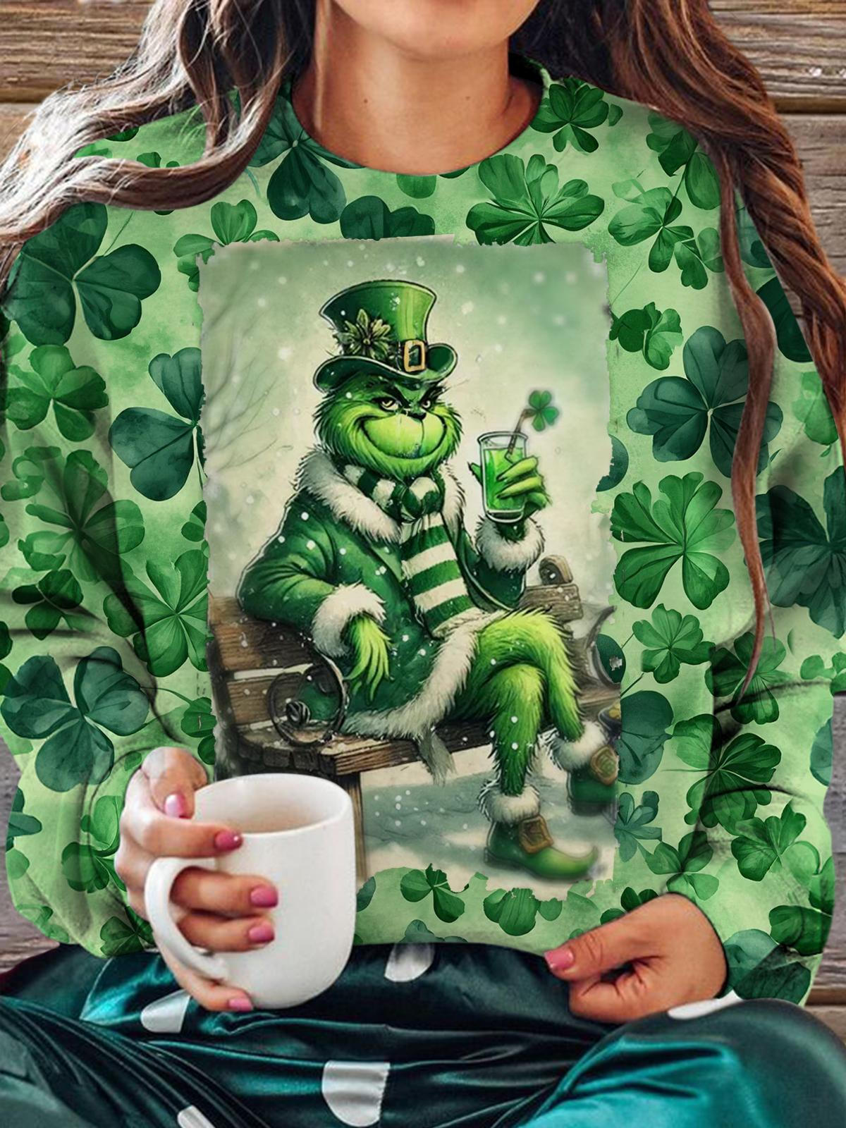 Funny St Patrick's Shamrock Printed Long Sleeve Casual Top