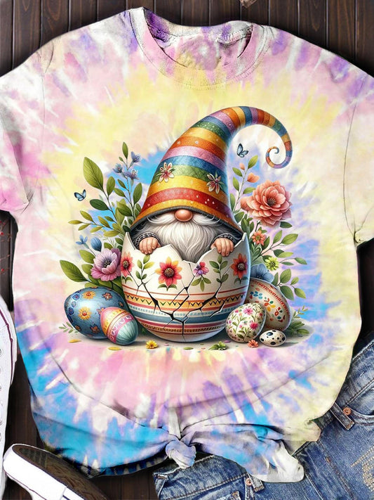 Easter Gnome Tie Dye Print Crew Neck T-shirt