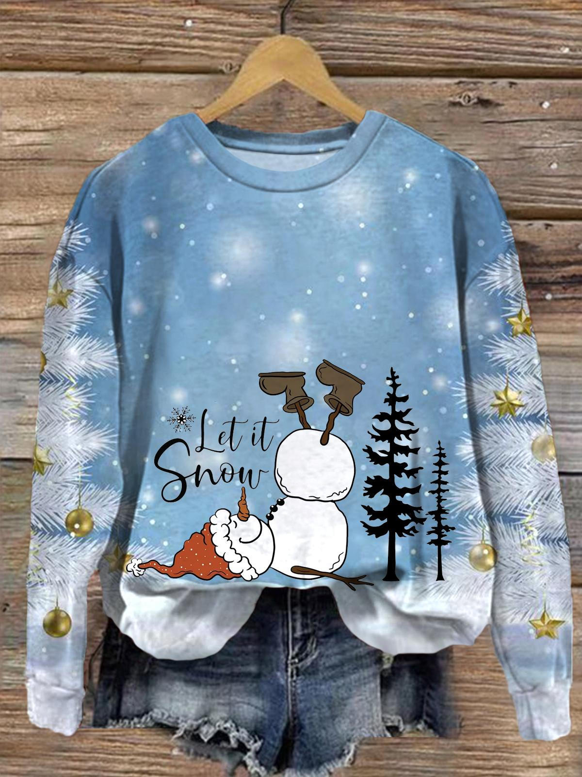 Women's Playing Snowman Round Neck Long Sleeve Top