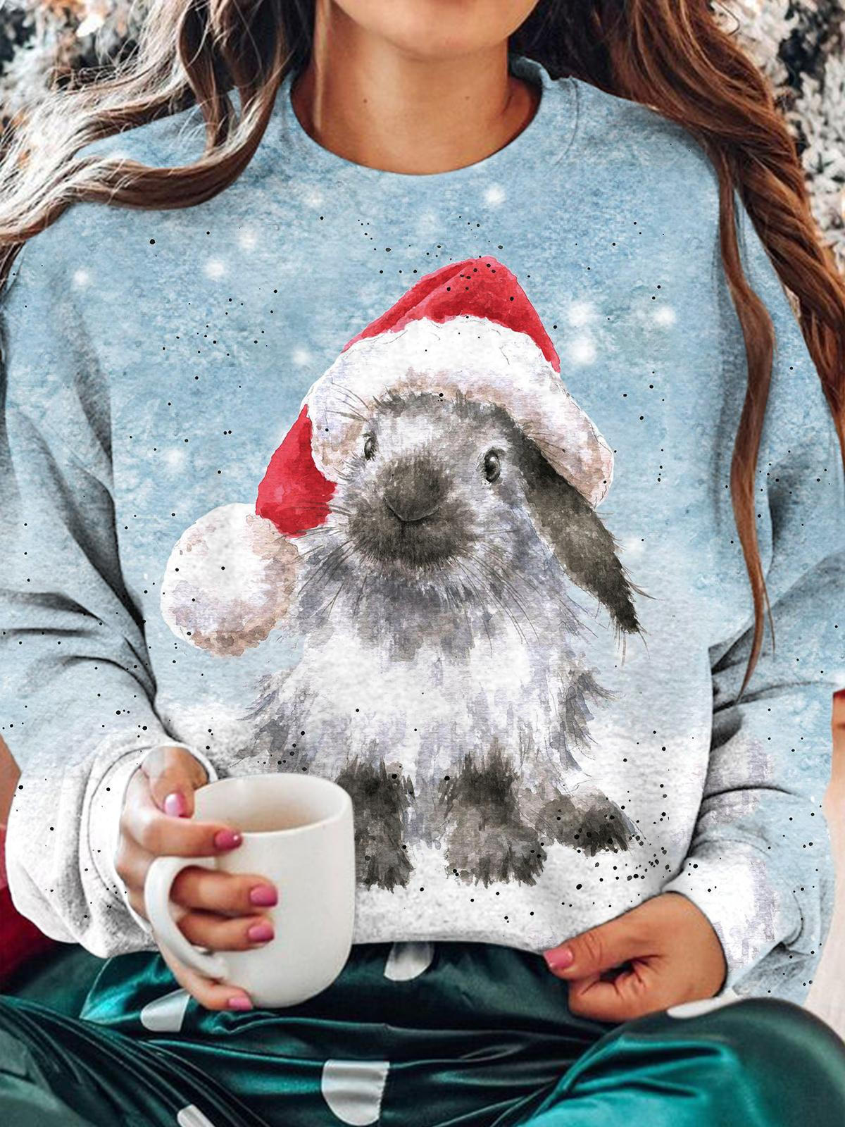 Women's Cute Rabbit Christmas Snow Scene Print Long Sleeve Top